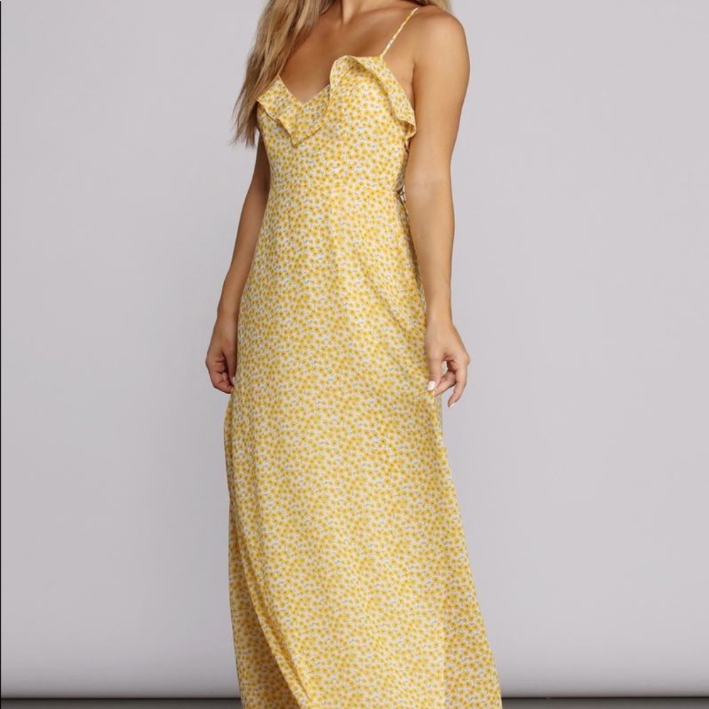 Yellow sunflower maxi dress ruffles string
